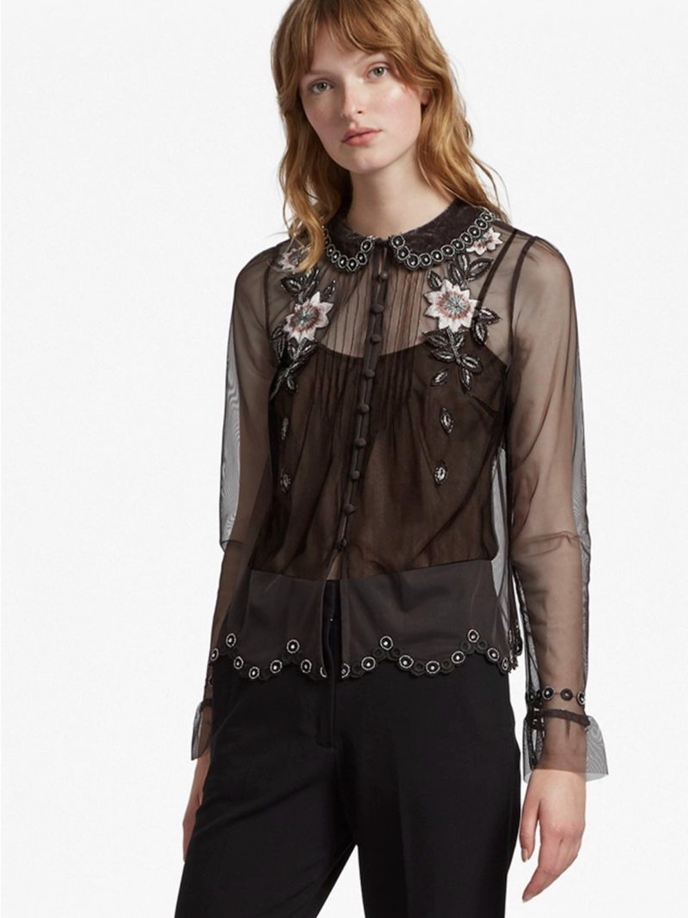 French Connection Sheer Black Embroidered Button-Front Alyssa Floral Shirt